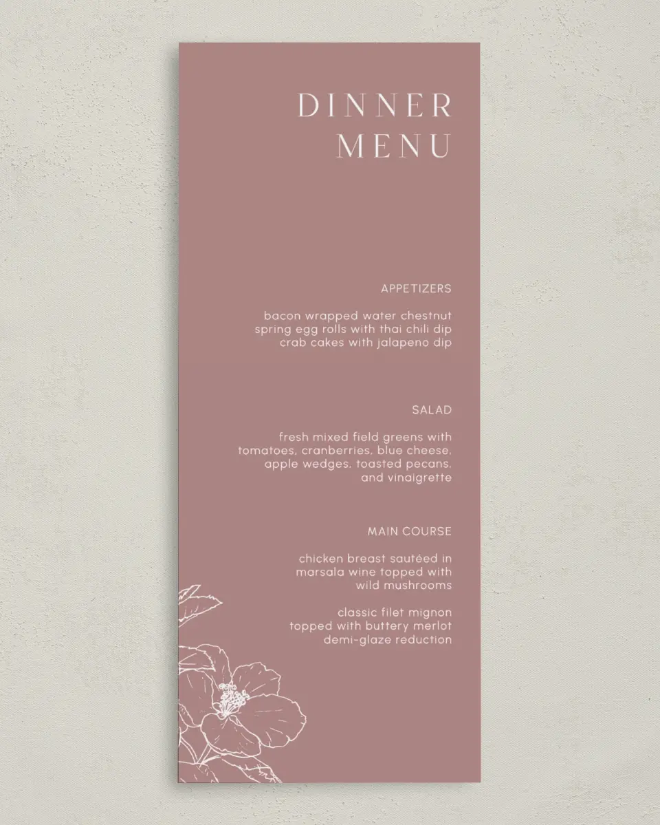 This is a 3⅝" x 8⅞" Wedding Menu Card called The Kinsley printed in full color on Premium Smooth paper