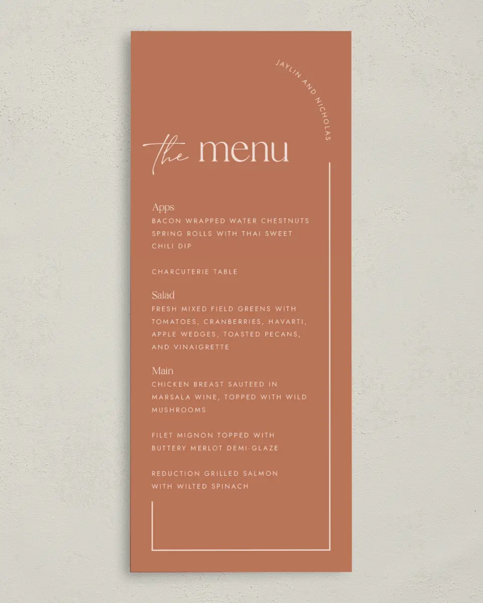 This is a 3⅝" x 8⅞" Wedding Menu Card called The Jaylin printed in full color on Premium Smooth paper