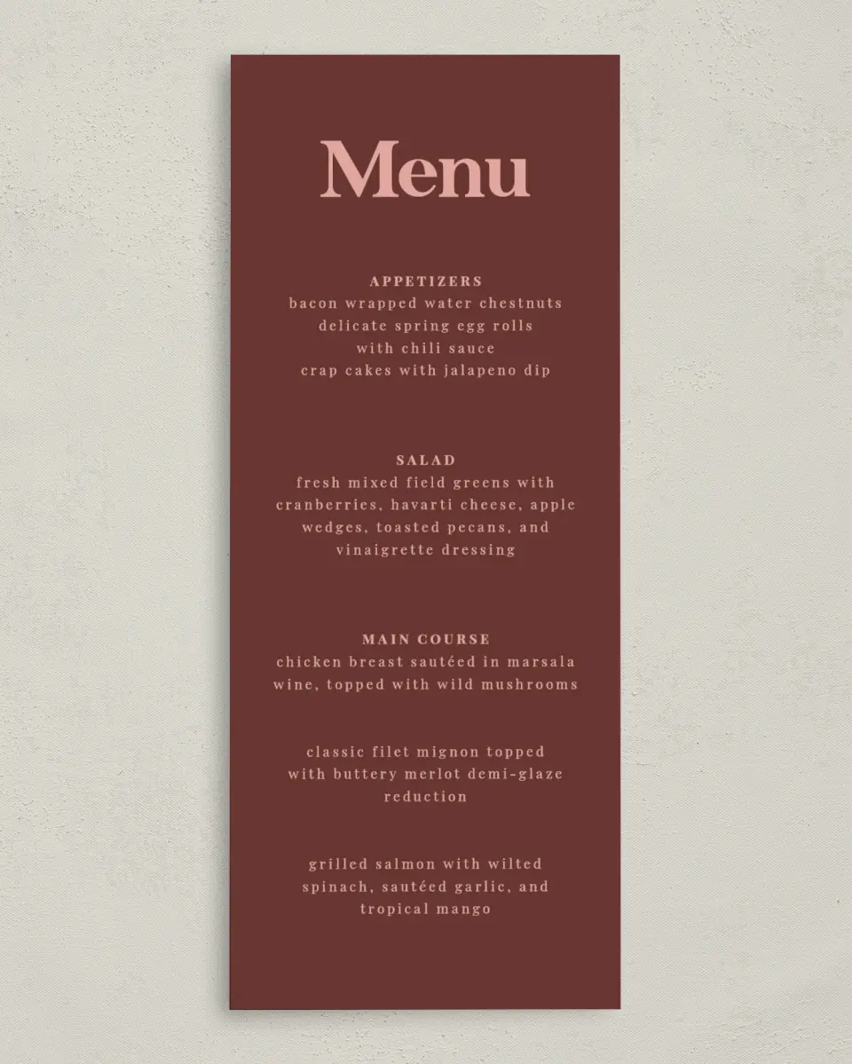 This is a 3⅝" x 8⅞" Wedding Menu Card called The Laura printed in full color on Premium Smooth paper