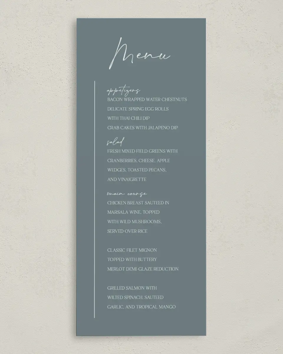 This is a 3⅝" x 8⅞" Wedding Menu Card called The Ashlynn printed in full color on Premium Smooth paper