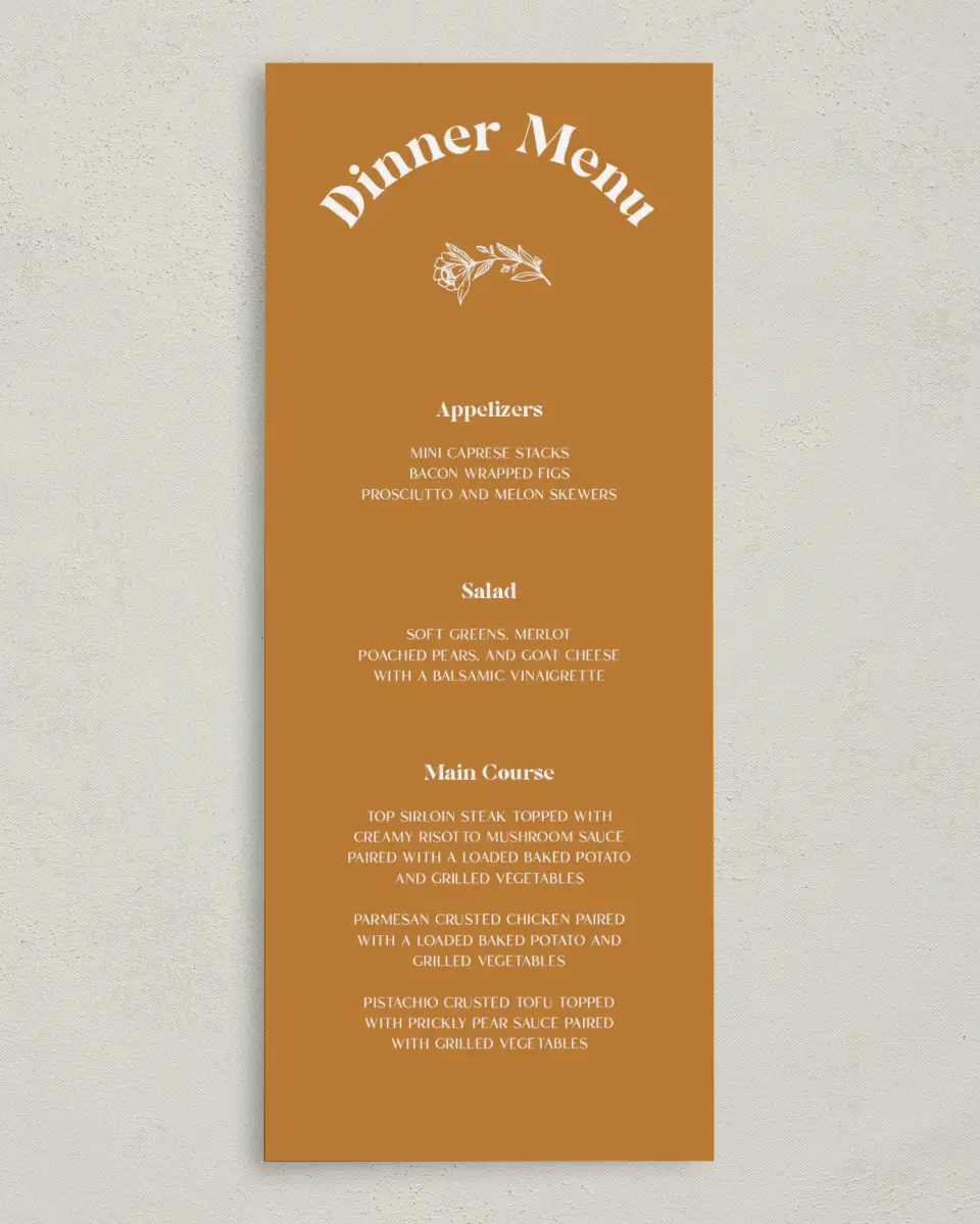 This is a 3⅝" x 8⅞" Wedding Menu Card called The Kandice printed in full color on Premium Smooth paper