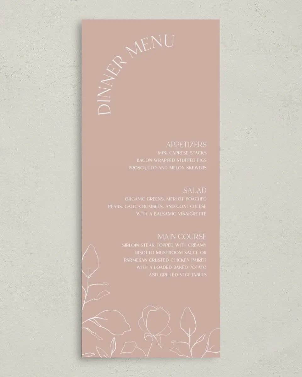 This is a 3⅝" x 8⅞" Wedding Menu Card called The Sadie printed in full color on Premium Smooth paper