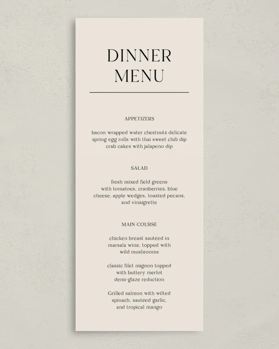 This is a 3⅝" x 8⅞" Wedding Menu Card called Noble Names printed in full color on Premium Smooth paper