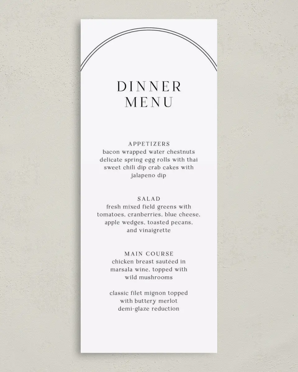 This is a 3⅝" x 8⅞" Wedding Menu Card called Dramatic Date printed in full color on Premium Smooth paper