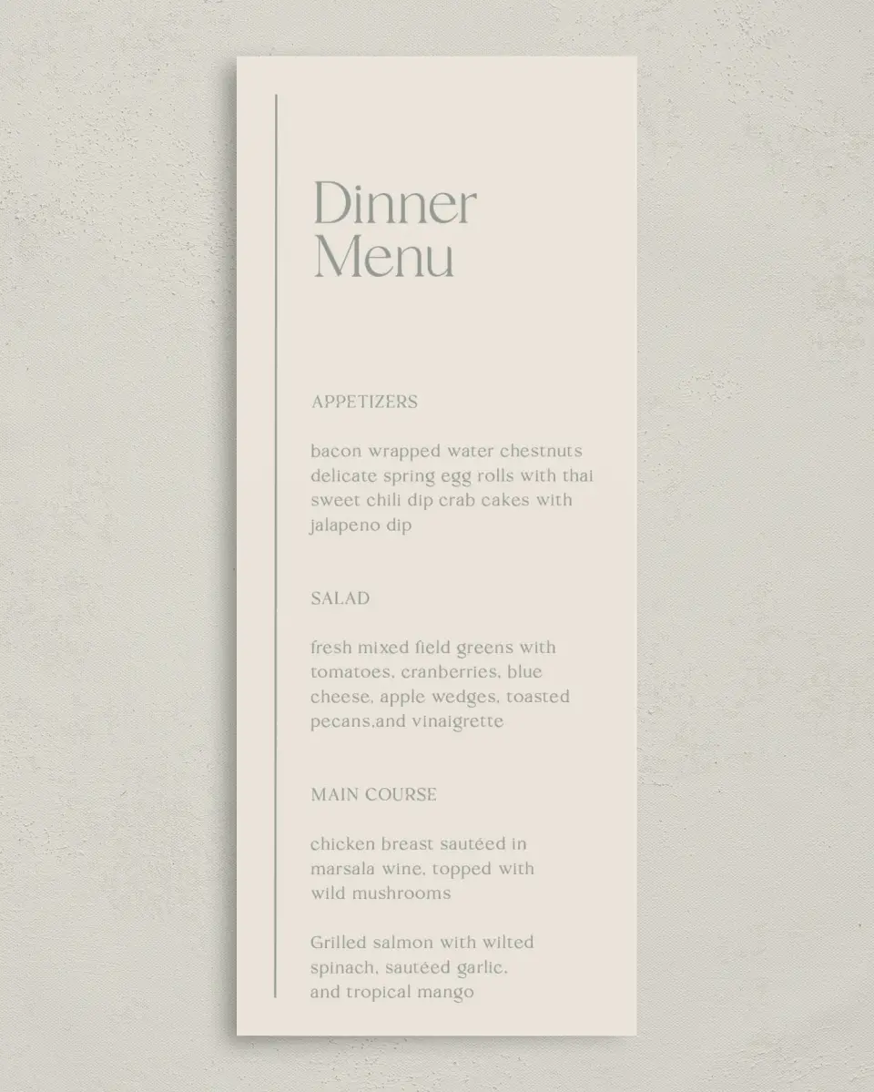 This is a 3⅝" x 8⅞" Wedding Menu Card called Elegant Lines printed in full color on Premium Smooth paper