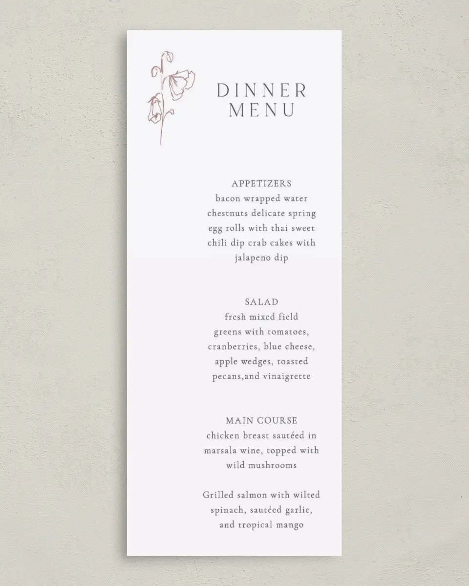 This is a 3⅝" x 8⅞" Wedding Menu Card called Cute + Charming printed in full color on Premium Smooth paper