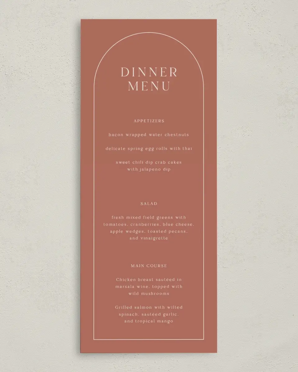 This is a 3⅝" x 8⅞" Wedding Menu Card called Autumn Blooms printed in full color on Premium Smooth paper