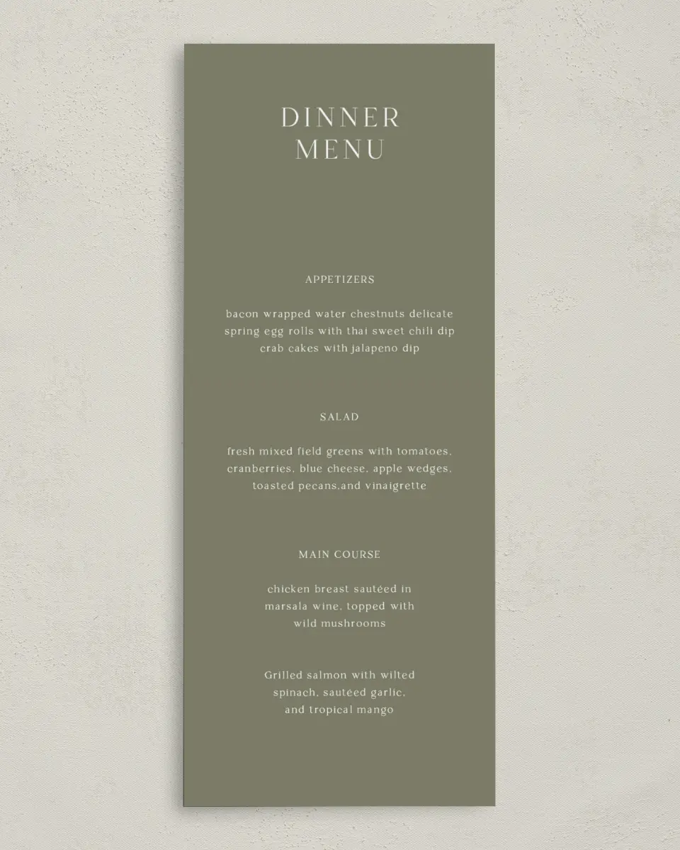 This is a 3⅝" x 8⅞" Wedding Menu Card called Leaves of Love printed in full color on Premium Smooth paper