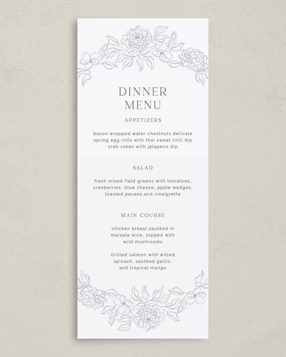 This is a 3⅝" x 8⅞" Wedding Menu Card called Graceful Petals printed in full color on Premium Smooth paper