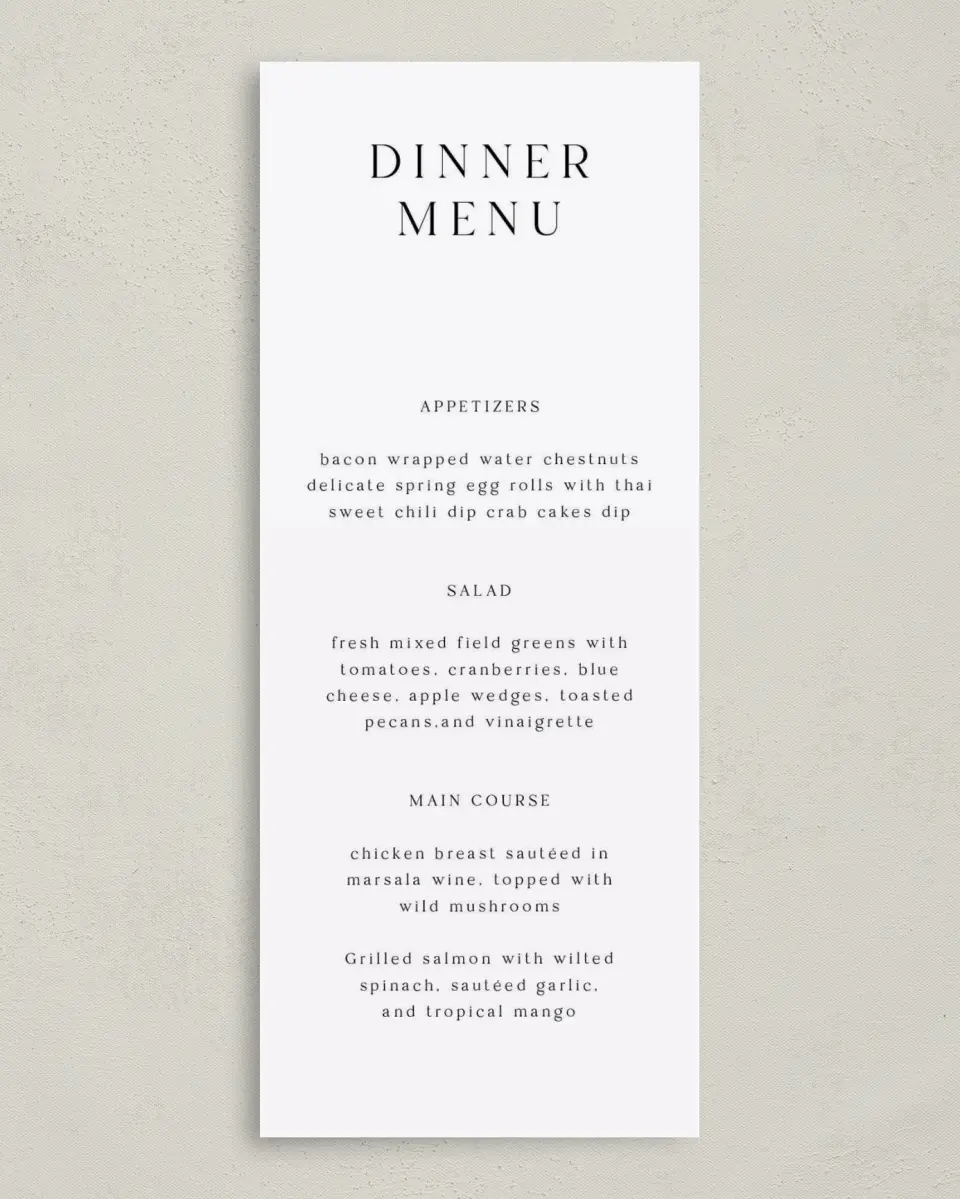 This is a 3⅝" x 8⅞" Wedding Menu Card called Devoted Delight printed in full color on Premium Smooth paper