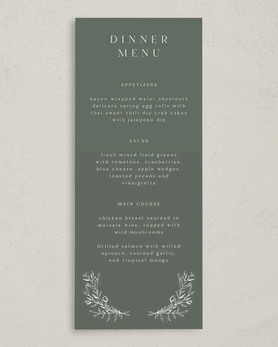 This is a 3⅝" x 8⅞" Wedding Menu Card called Flourishing Frame printed in full color on Premium Smooth paper