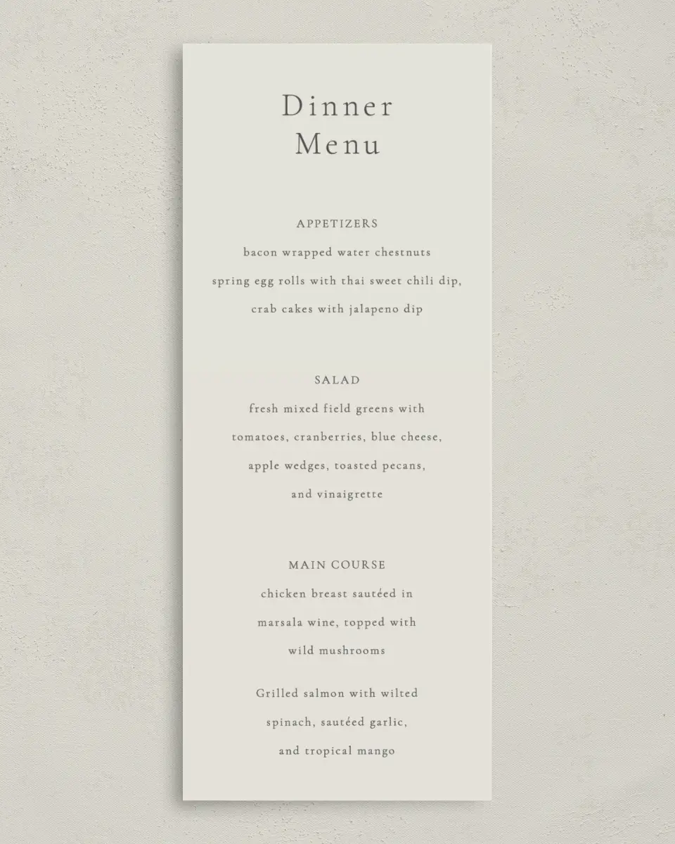 This is a 3⅝" x 8⅞" Wedding Menu Card called Graceful Greenery printed in full color on Premium Smooth paper