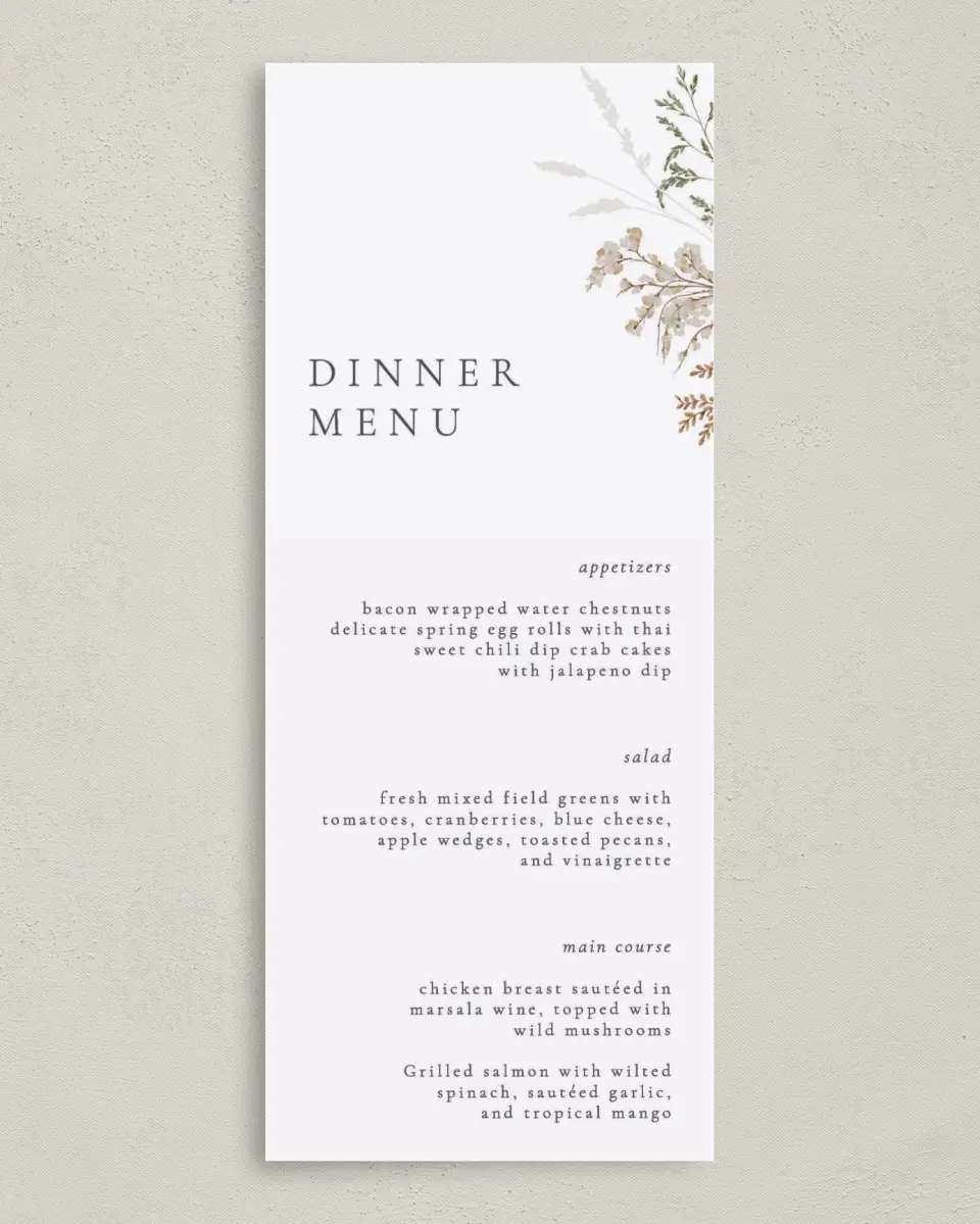 This is a 3⅝" x 8⅞" Wedding Menu Card called Wild Devotion printed in full color on Premium Smooth paper