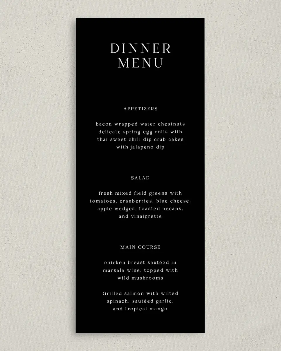 This is a 3⅝" x 8⅞" Wedding Menu Card called Simple Signature printed in full color on Premium Smooth paper