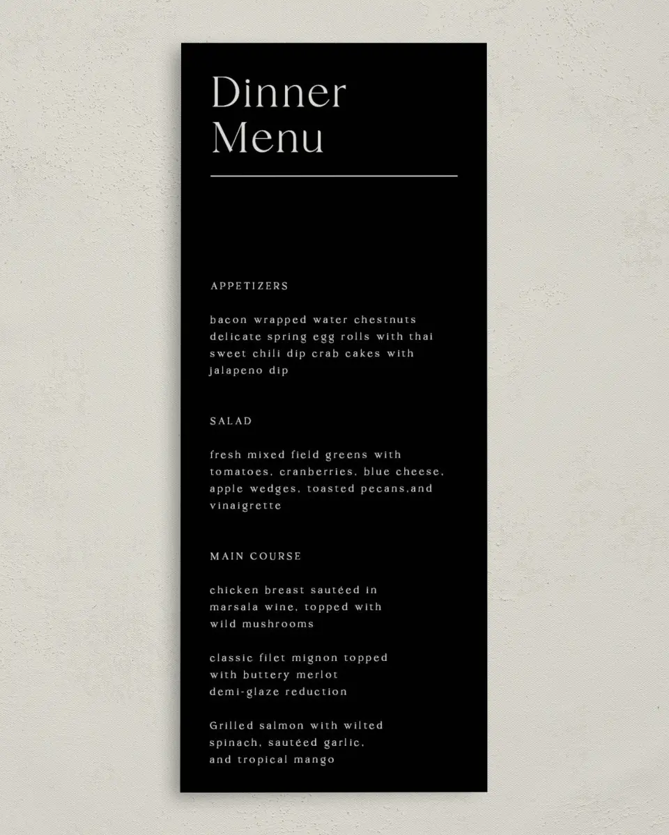 This is a 3⅝" x 8⅞" Wedding Menu Card called Styled Lines printed in full color on Premium Smooth paper