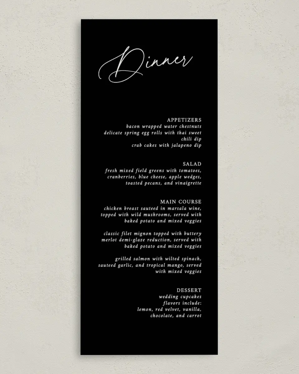 This is a 3⅝" x 8⅞" Wedding Menu Card called The Lauren printed in full color on Premium Smooth paper