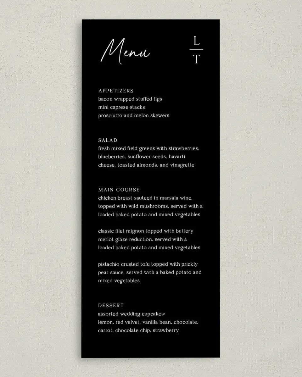This is a 3⅝" x 8⅞" Wedding Menu Card called The Lauren printed in full color on Premium Smooth paper