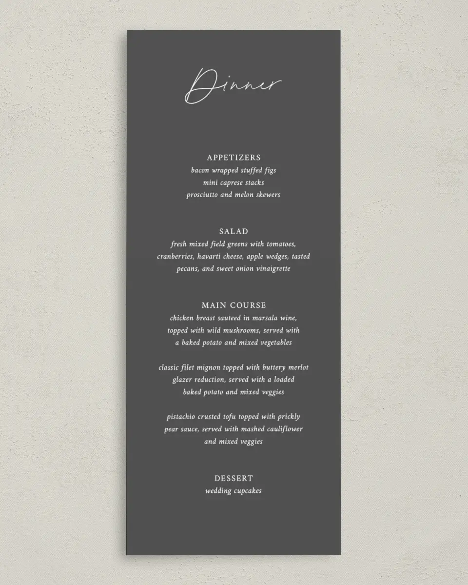 This is a 3⅝" x 8⅞" Wedding Menu Card called The Madelyn printed in full color on Premium Smooth paper