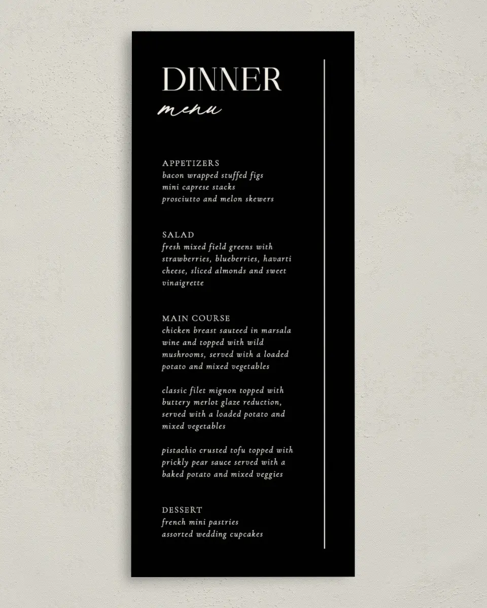 This is a 3⅝" x 8⅞" Wedding Menu Card called The Nicole printed in full color on Premium Smooth paper