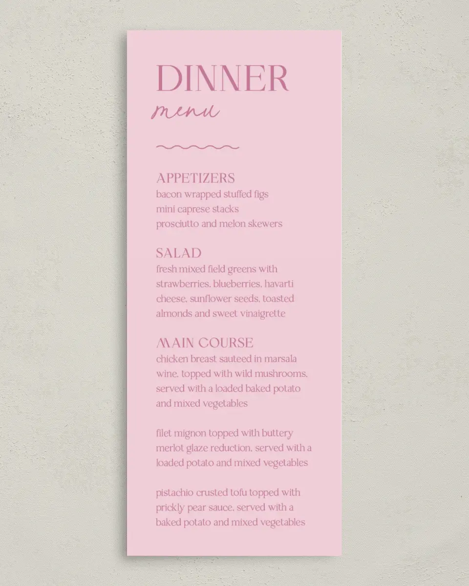This is a 3⅝" x 8⅞" Wedding Menu Card called The Taylor printed in full color on Premium Smooth paper
