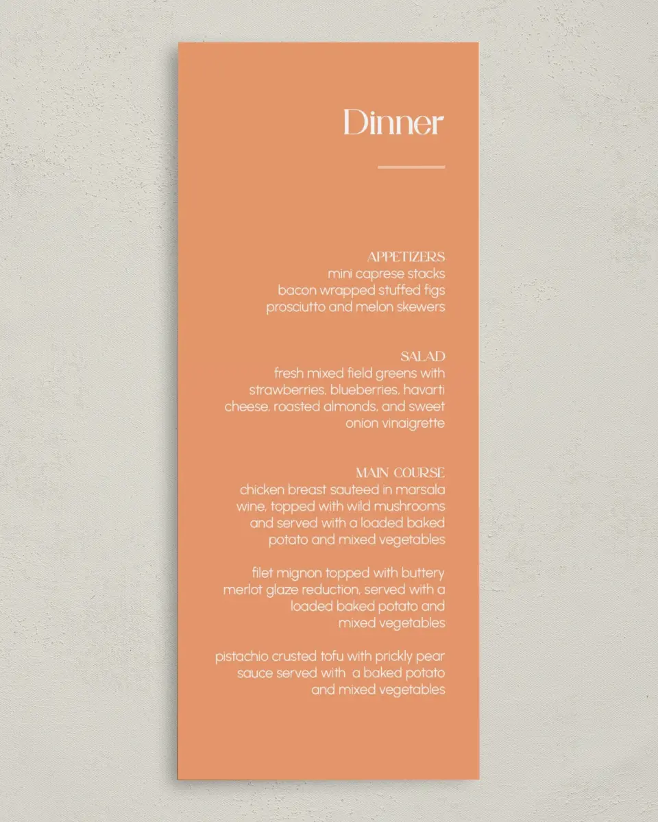 This is a 3⅝" x 8⅞" Wedding Menu Card called The Leah printed in full color on Premium Smooth paper