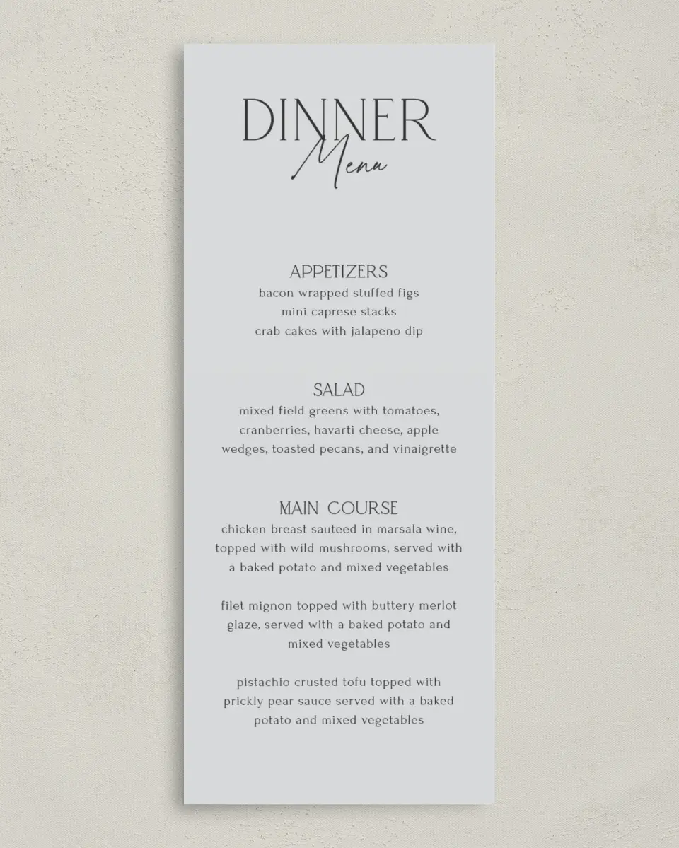 This is a 3⅝" x 8⅞" Wedding Menu Card called The Caroline printed in full color on Premium Smooth paper