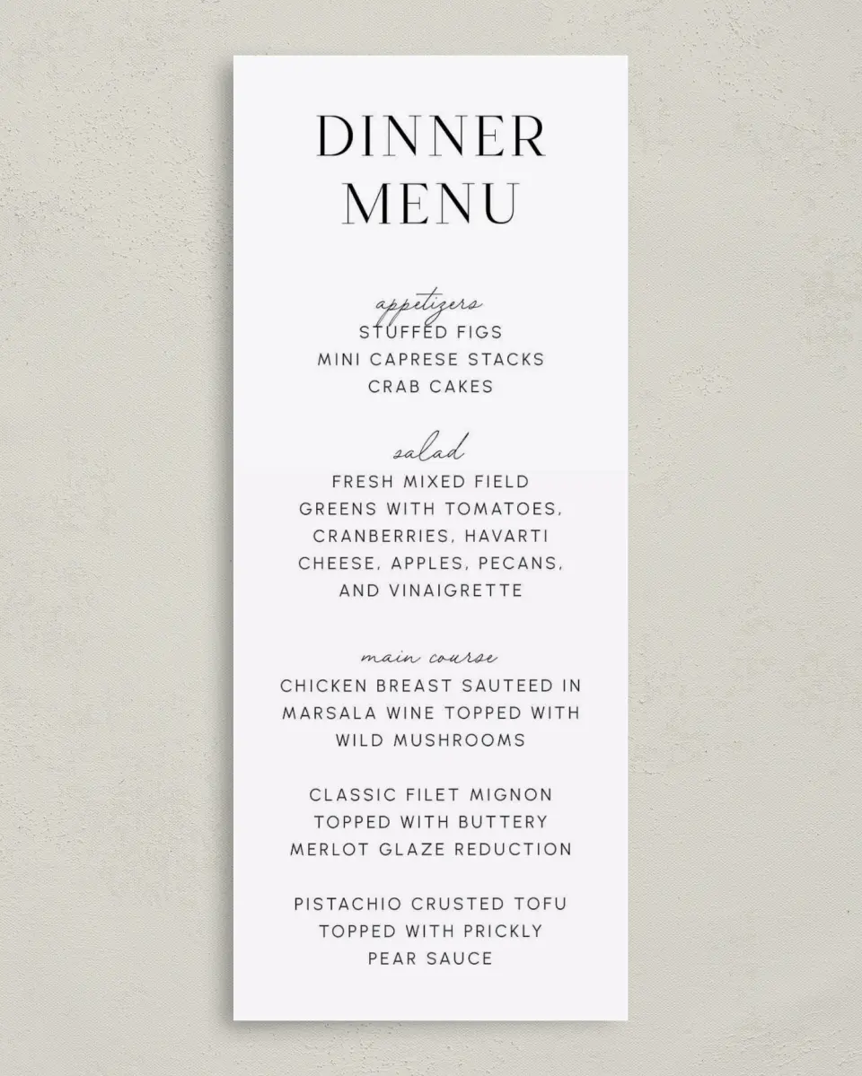 This is a 3⅝" x 8⅞" Wedding Menu Card called The Isabella printed in full color on Premium Smooth paper