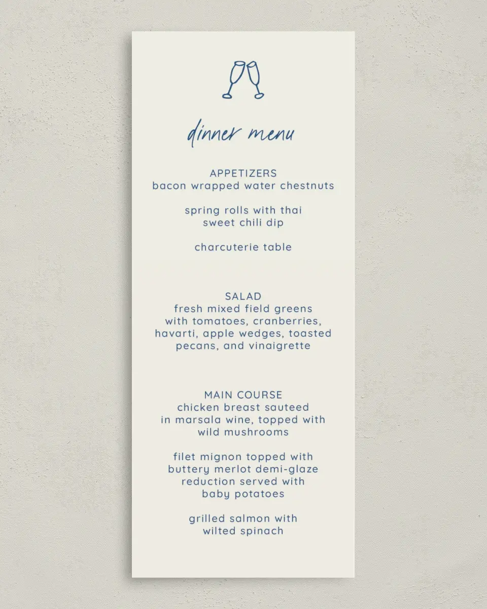 This is a 3⅝" x 8⅞" Wedding Menu Card called Drawn To You printed in full color on Premium Smooth paper