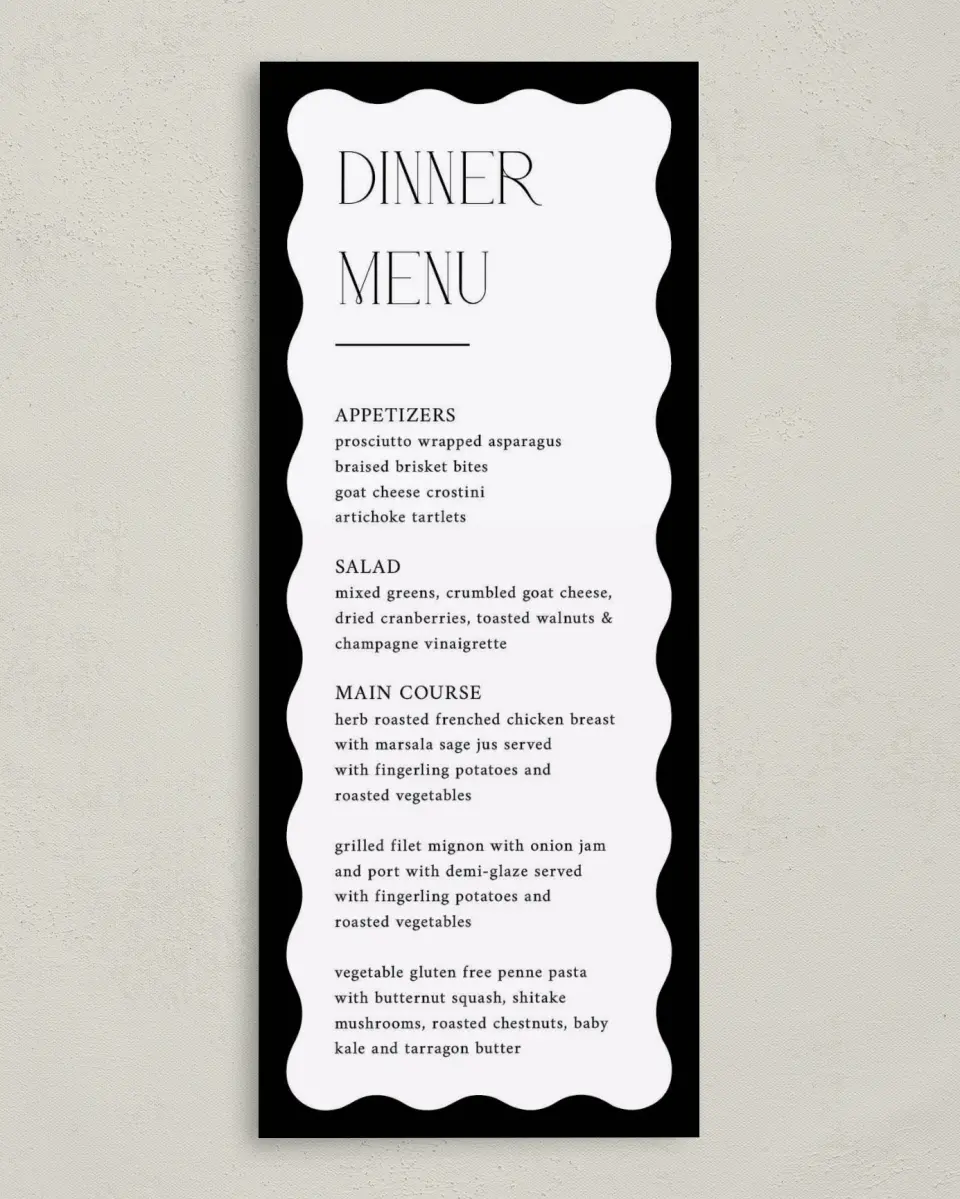This is a 3⅝" x 8⅞" Wedding Menu Card called The Amber printed in full color on Premium Smooth paper