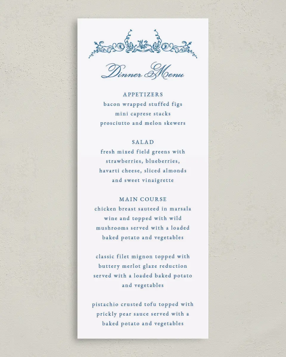 This is a 3⅝" x 8⅞" Wedding Menu Card called Ornamental Elegance printed in full color on Premium Smooth paper