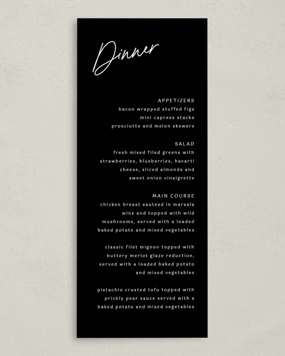 This is a 3⅝" x 8⅞" Wedding Menu Card called Scripted Love printed in full color on Premium Smooth paper