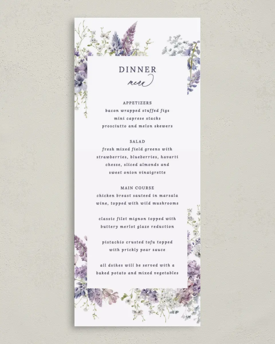 This is a 3⅝" x 8⅞" Wedding Menu Card called Euphoric Frame printed in full color on Premium Smooth paper