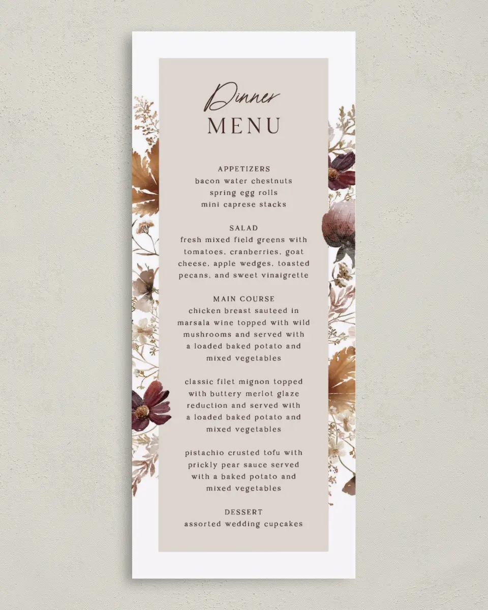 This is a 3⅝" x 8⅞" Wedding Menu Card called Autumn Wildflowers printed in full color on Premium Smooth paper