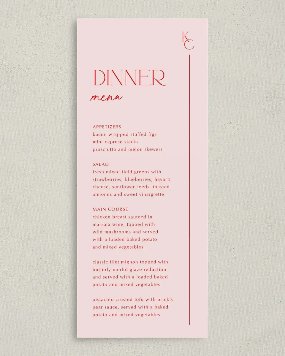 This is a 3⅝" x 8⅞" Wedding Menu Card called Initial Unity printed in full color on Premium Smooth paper