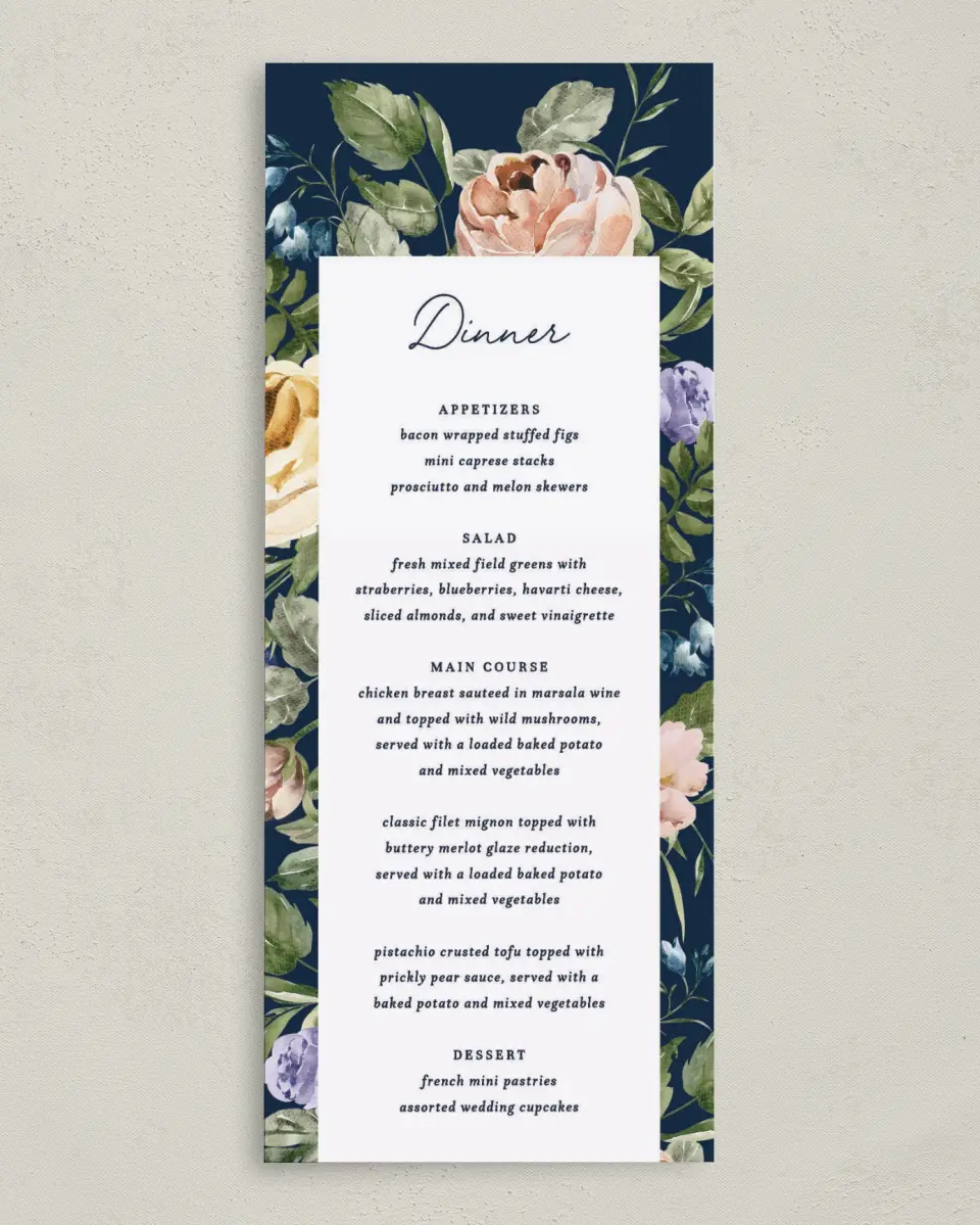 This is a 3⅝" x 8⅞" Wedding Menu Card called The Natalie printed in full color on Premium Smooth paper