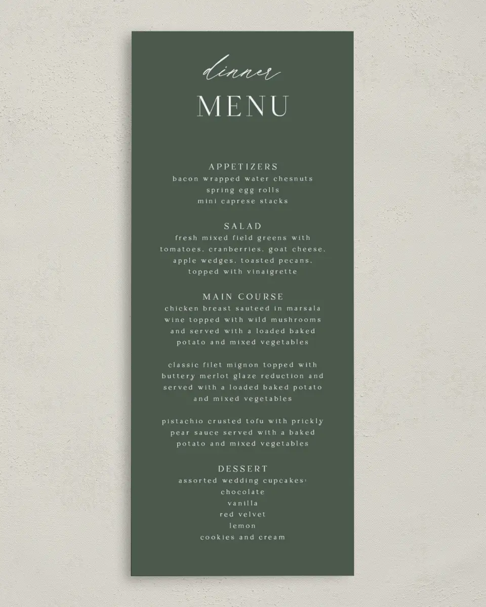 This is a 3⅝" x 8⅞" Wedding Menu Card called True Tradition printed in full color on Premium Smooth paper