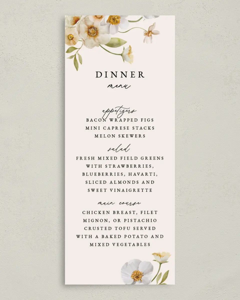 This is a 3⅝" x 8⅞" Wedding Menu Card called Charming Cosmos printed in full color on Premium Smooth paper