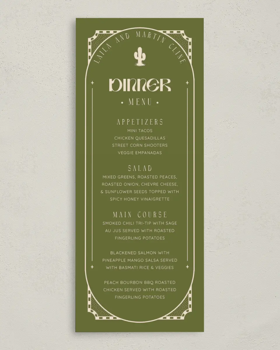This is a 3⅝" x 8⅞" Wedding Menu Card called Desert Funk printed in full color on Premium Smooth paper