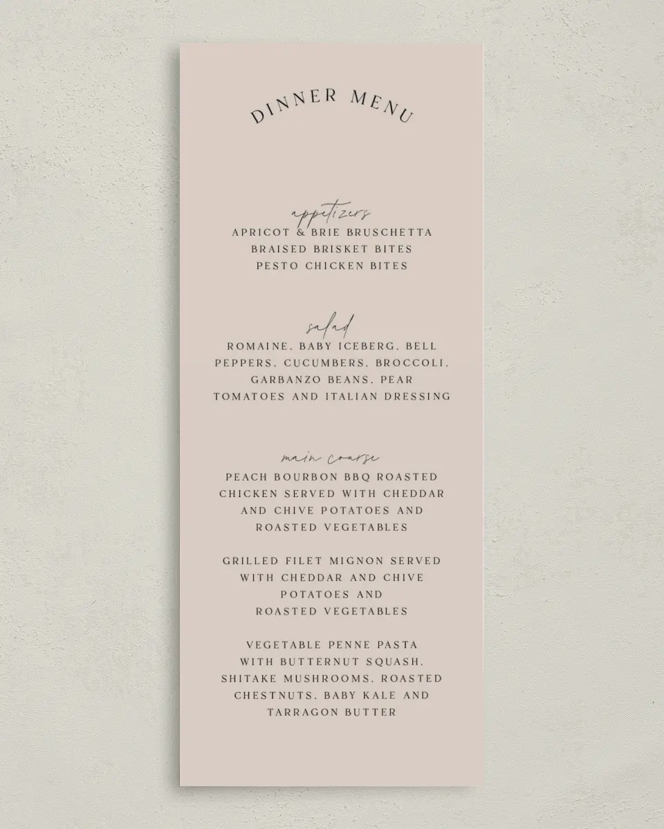 This is a 3⅝" x 8⅞" Wedding Menu Card called The Samantha printed in full color on Premium Smooth paper