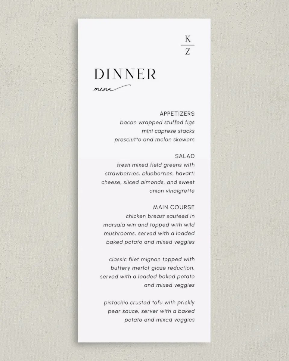 This is a 3⅝" x 8⅞" Wedding Menu Card called Picturesque printed in full color on Premium Smooth paper