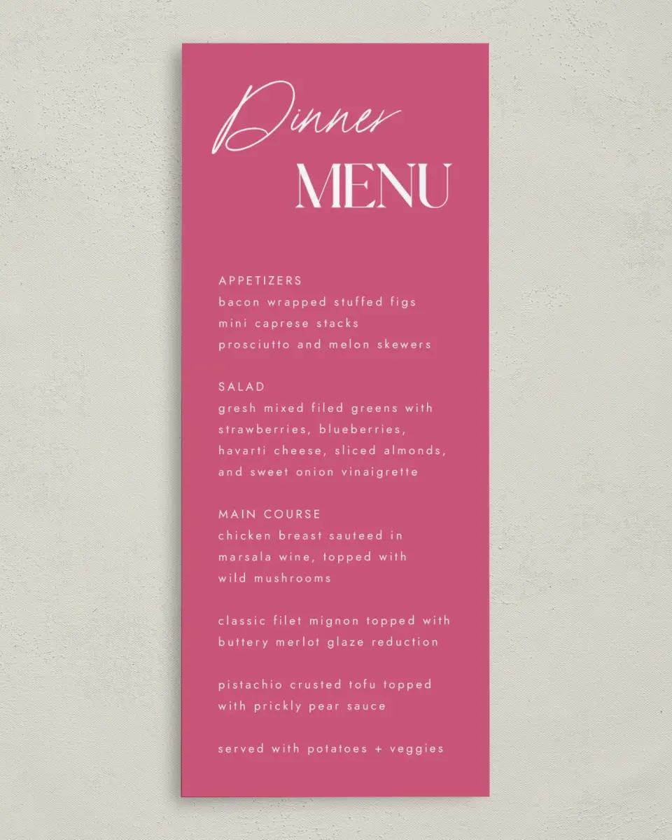 This is a 3⅝" x 8⅞" Wedding Menu Card called The Andrea printed in full color on Premium Smooth paper