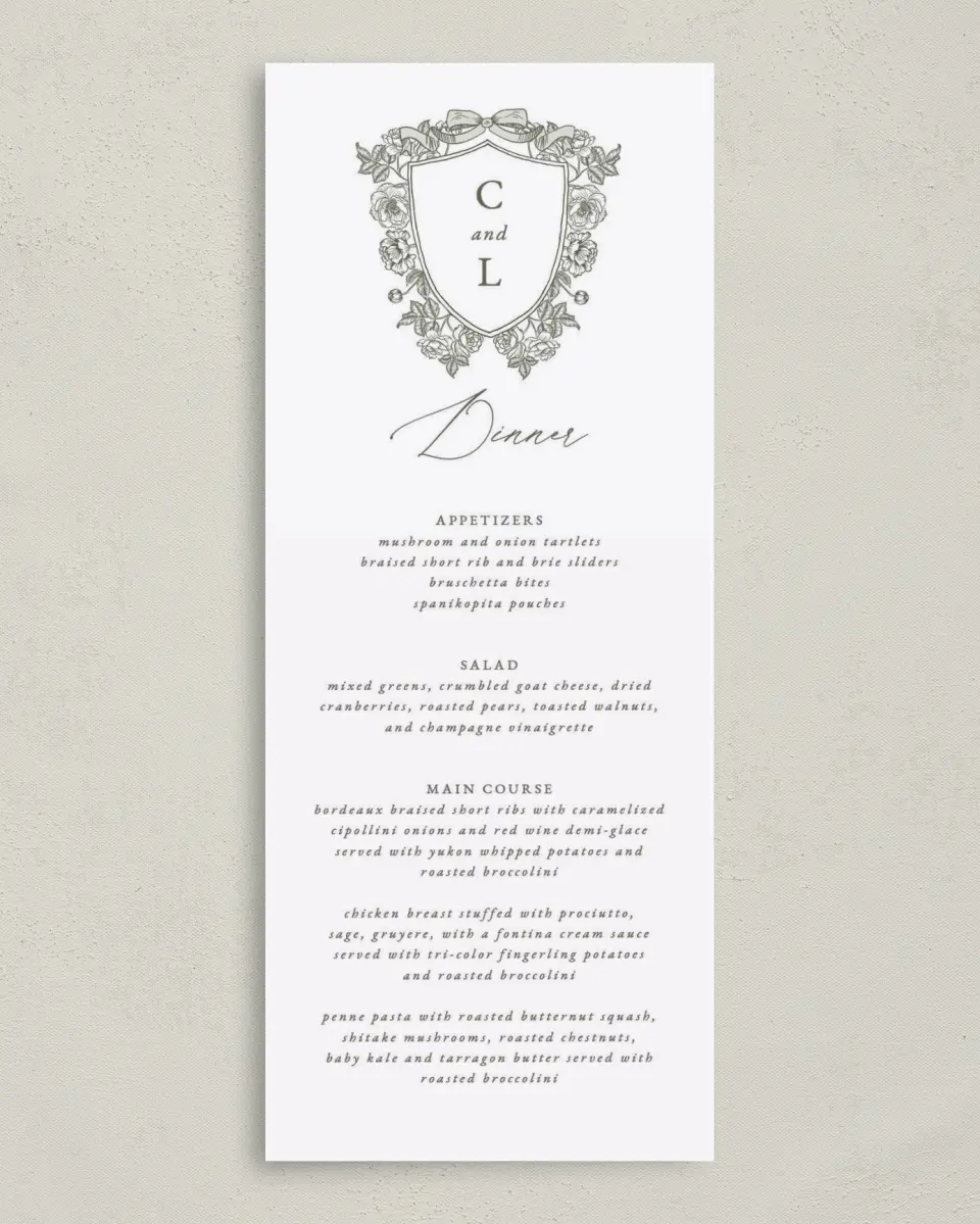 This is a 3⅝" x 8⅞" Wedding Menu Card called Elegant Crest printed in full color on Premium Smooth paper