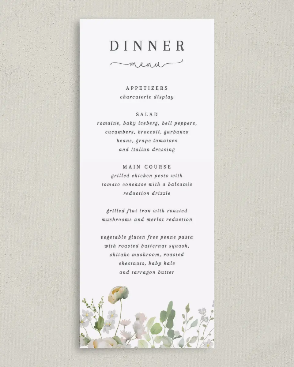 This is a 3⅝" x 8⅞" Wedding Menu Card called The Zoey printed in full color on Premium Smooth paper