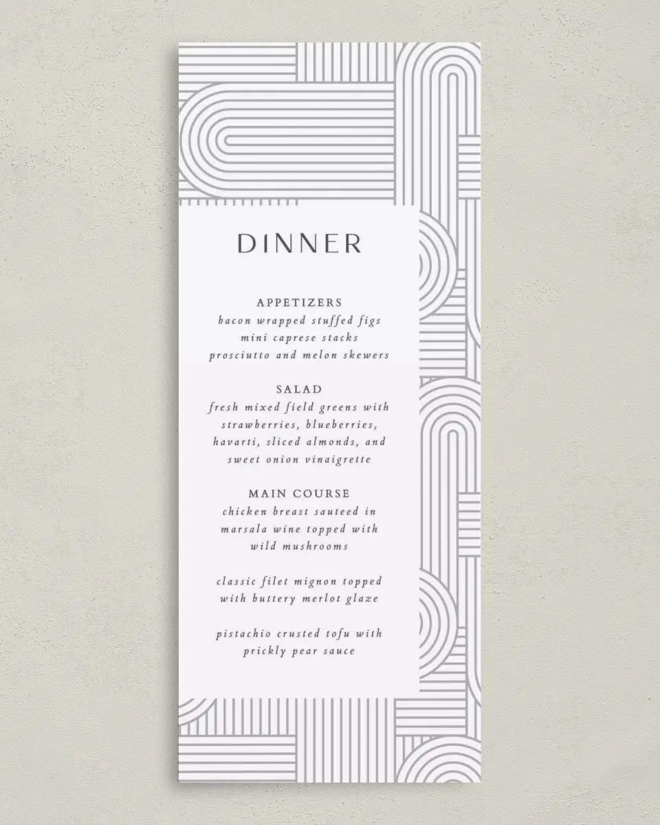 This is a 3⅝" x 8⅞" Wedding Menu Card called Geometric Elegance printed in full color on Premium Smooth paper