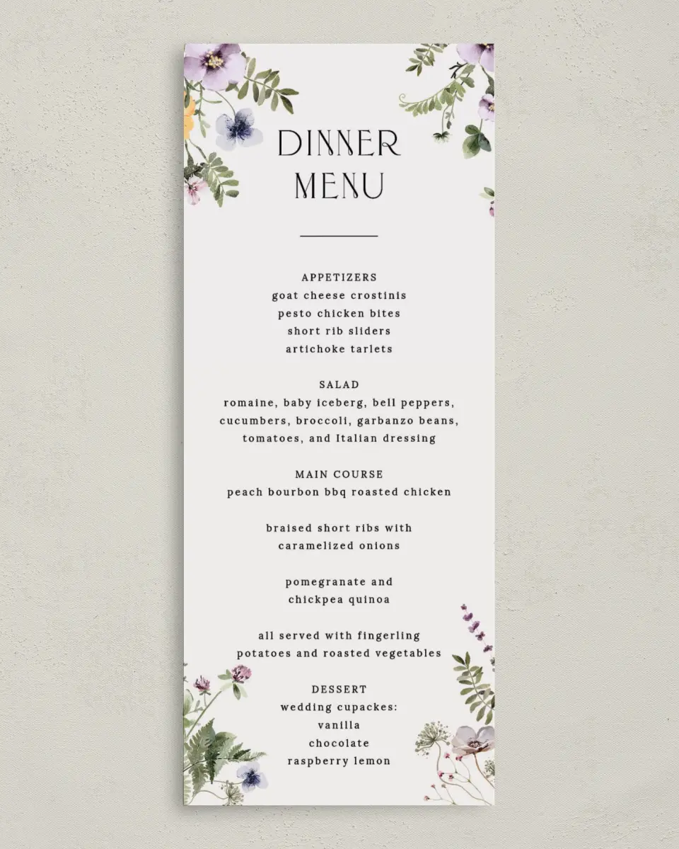 This is a 3⅝" x 8⅞" Wedding Menu Card called The Ruby printed in full color on Premium Smooth paper