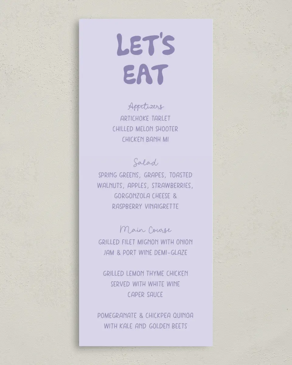This is a 3⅝" x 8⅞" Wedding Menu Card called The Karly printed in full color on Premium Smooth paper