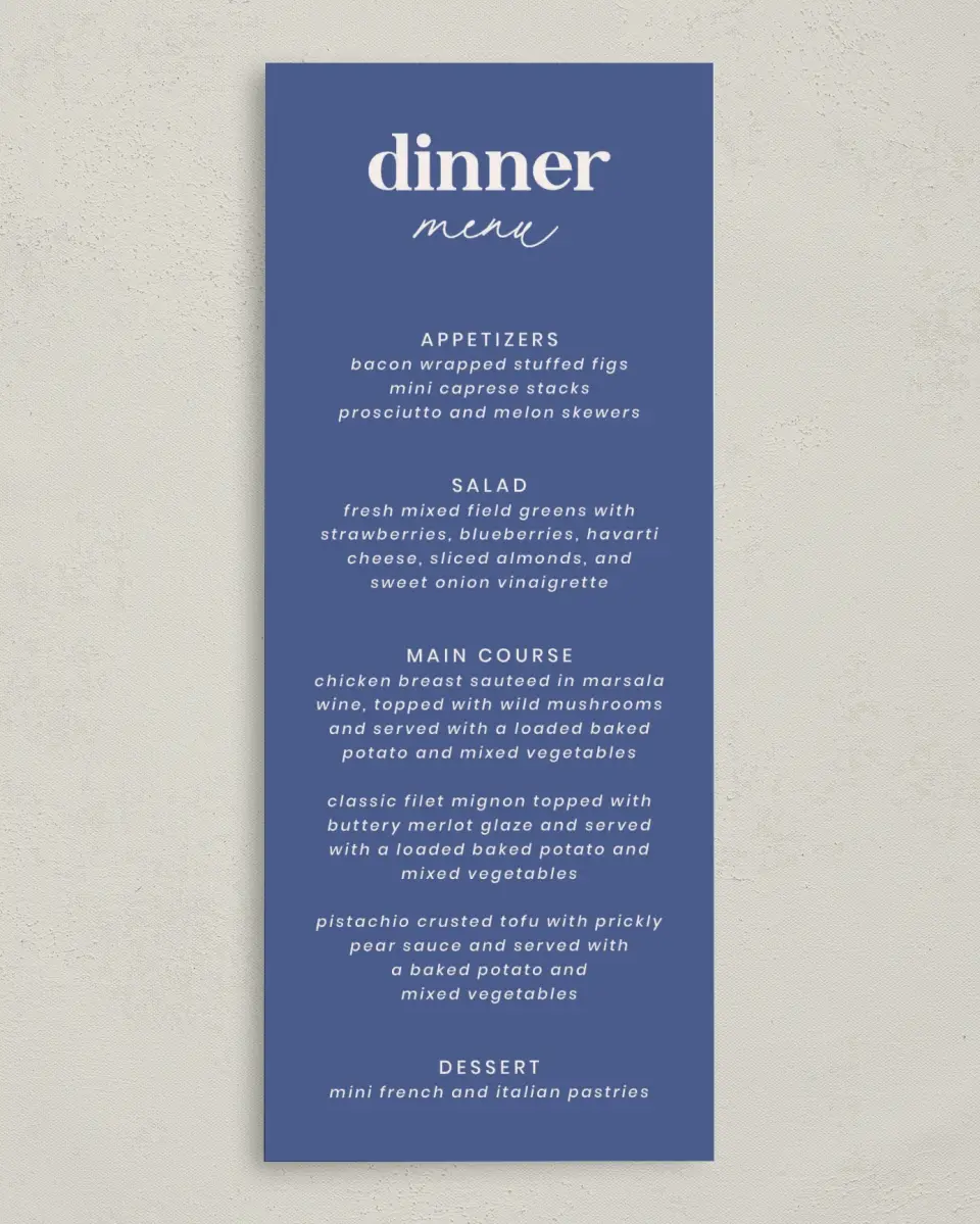 This is a 3⅝" x 8⅞" Wedding Menu Card called The Kassidy printed in full color on Premium Smooth paper