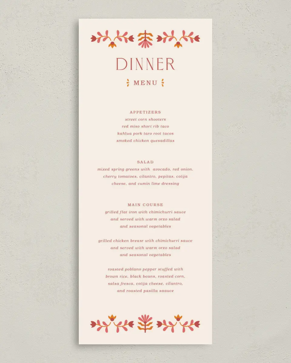 This is a 3⅝" x 8⅞" Wedding Menu Card called Folk Fiesta printed in full color on Premium Smooth paper