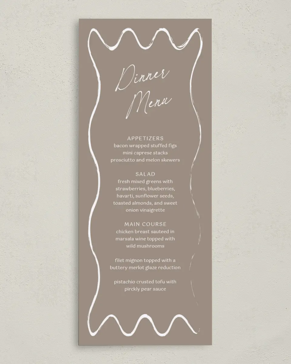 This is a 3⅝" x 8⅞" Wedding Menu Card called Romantic Sketch printed in full color on Premium Smooth paper
