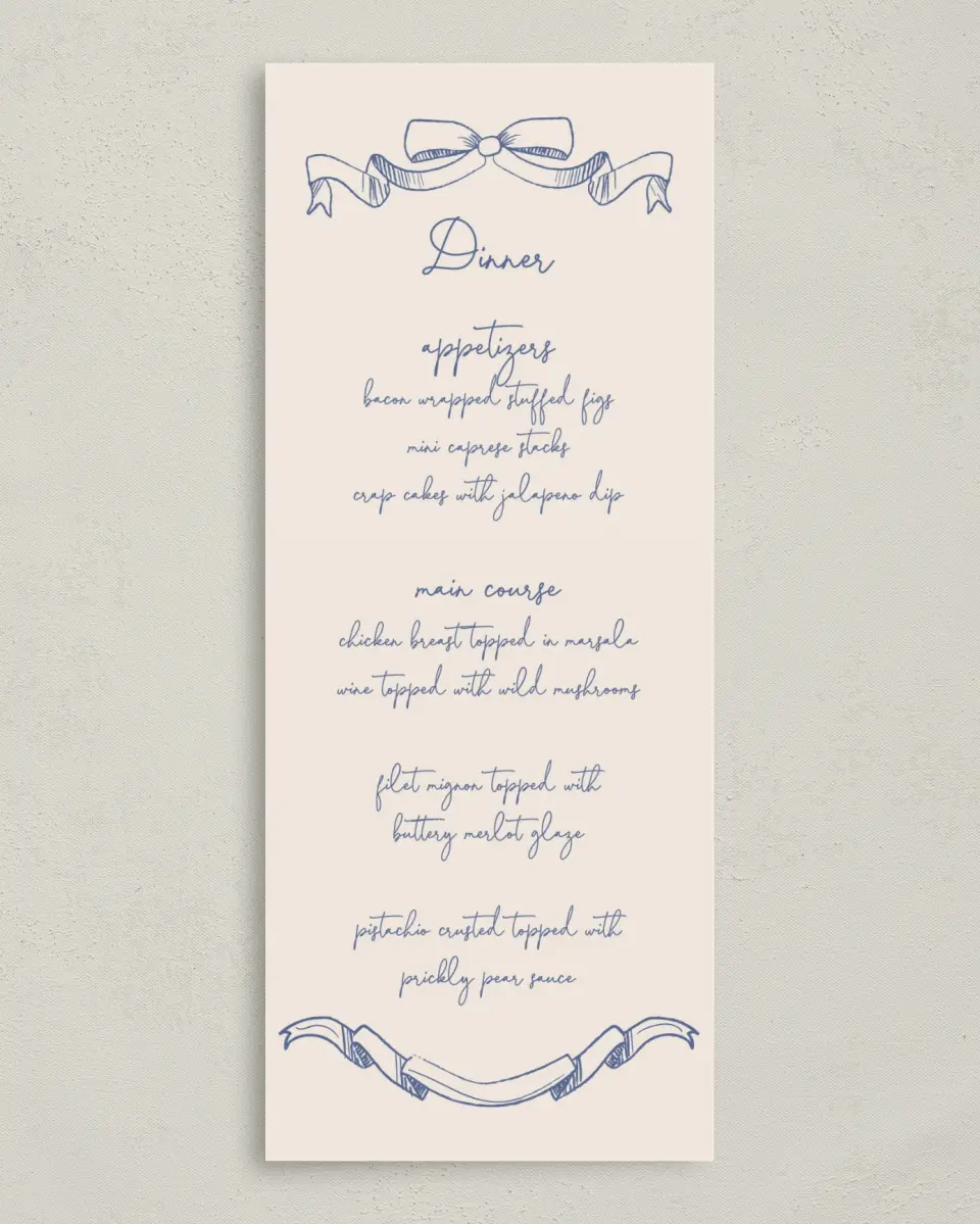 This is a 3⅝" x 8⅞" Wedding Menu Card called Sketched Bow printed in full color on Premium Smooth paper
